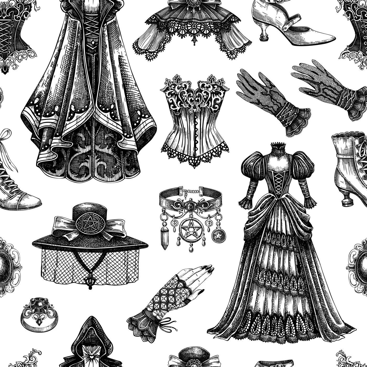 Gothic fashion hand-drawn vector illustrations. Victorian clothes designs. Engraved Halloween dresses and accessories. Historical costume elements. NOT AI generated Illustration